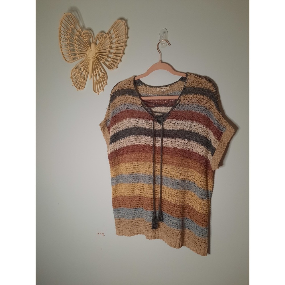 Women's Sz S/M, Color Block Stripes, Crochet Top with Ties, Casual, Summer